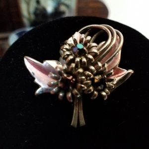 1950's Pink Metal Enamel AB Rhinestone Brooch Pin
